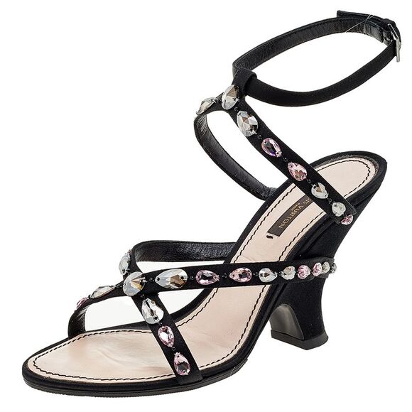 Louis Vuitton Black Satin Crystal Embellished Ankle Strap Sandals Size 39 - Picture 1 of 4